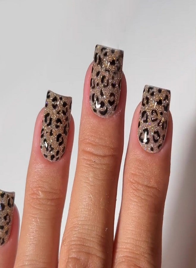OCOUYVD 24 Pcs Leopard Print Press on Nails Short Square Shaped Fake Nails Golden Glitter Designs Full Cover False Nail Glossy Acrylic Nail Stick on Nails for Women Girls DIY Manicure Decoration - Image 1
